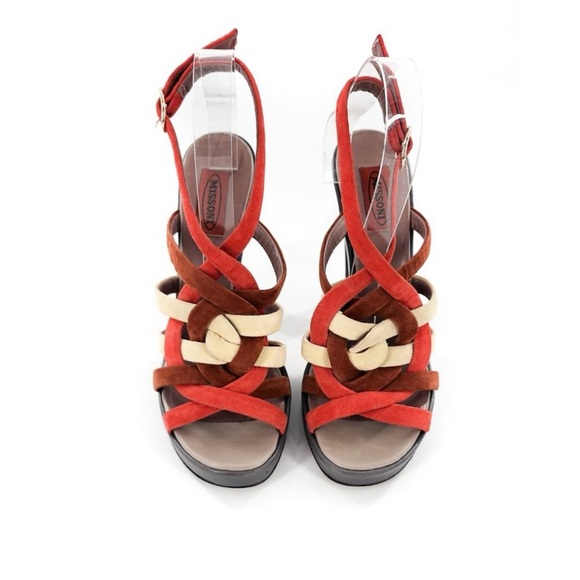 Missoni Suede Red Beige and Brown Strappy Heels with Platform